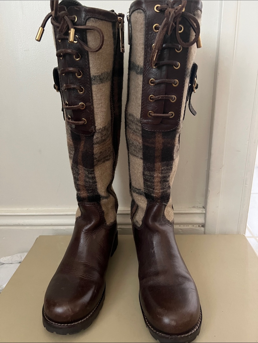 Tory Burch Brown Leather & Plaid Over-the-Knee Lace-Up Boots
